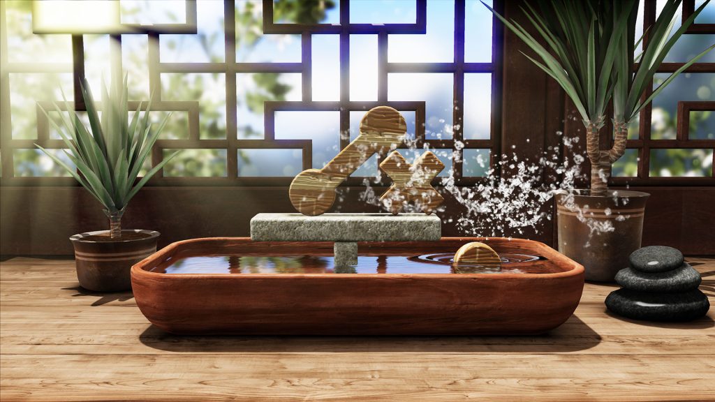 A realistic render of a level from Art of Balance. A dish of water sits on a wooden surface, in front of a Japanese-style window. Two plants and some stacked Zen rocks sit next to the dish. A stone platform balances precariously on a much smaller rock. There are two wooden game pieces- a line between two points and an X- balanced on the platform; a third round piece is splashing into the water below.