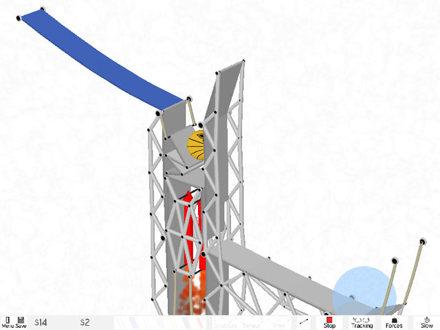 An image of the game "Armadillo Run". A yellow armadillo rolled in a ball sits on a blue "link", which is set up to make it roll into a large metallic structure.