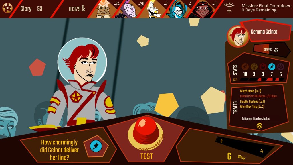 An image of Gemma Gelnot, a red-haired astronaut, about to say something. "How charmingly did Gelnot deliver her line?" the game asks, and presents you with a button labeled "TEST".