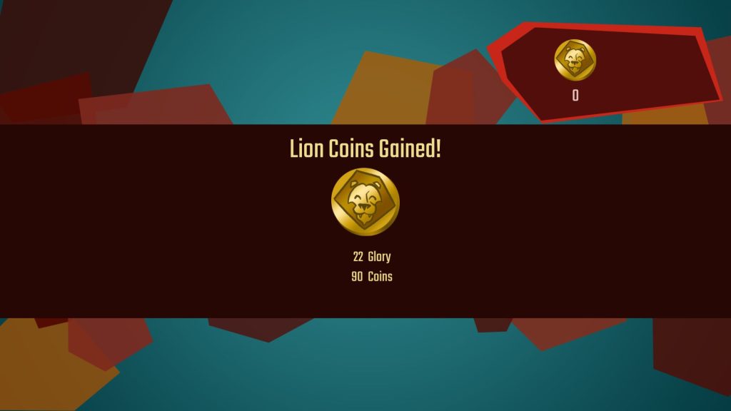 An image of the Lion Coins Gained! screen from AstroNaut the Best, showing a golden coin with a smiling lion across an abstract background.