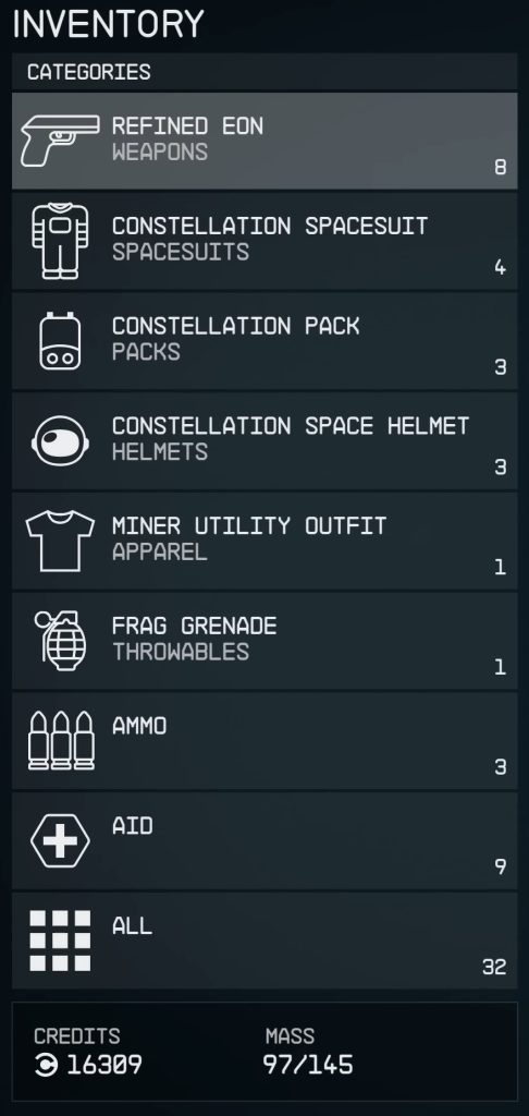 starfield inventory categories