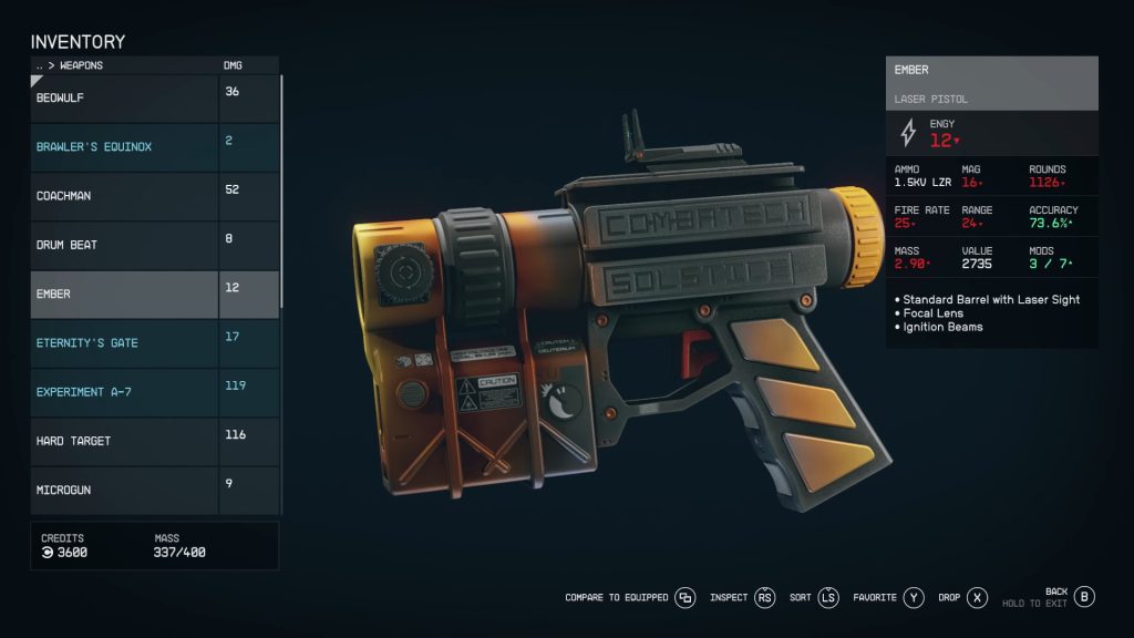 starfield weapon pistol ember