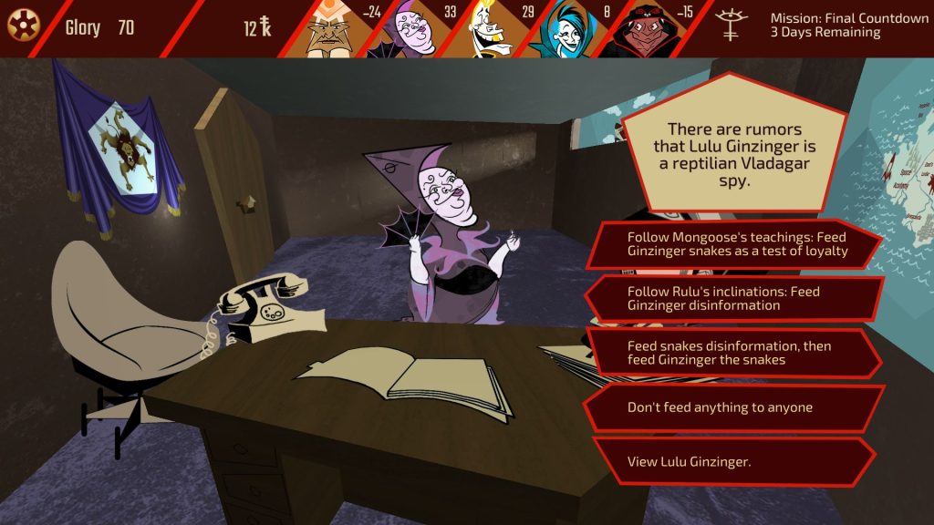 Rulu, the purple High Priest of Knowledge, tells the player, "There are rumours that Lulu Ginzinger is a reptilian Vladagar spy". The game gives you a set of choices.
 "Follow Mongoose's teachings: Feed Ginzinger snakes as a test of loyalty", "Follow Rulu's inclinations: Feed Ginzinger disinformation", "Feed snakes disinformation, then feed Ginzinger the snakes", and "don't feed anything to anyone".
