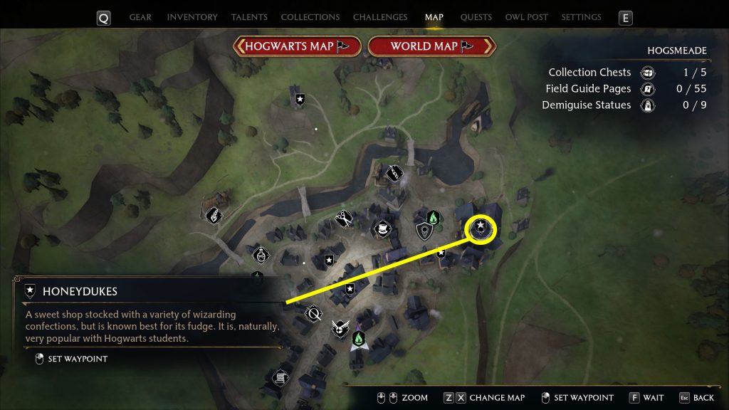 honeydukes location hogwarts legacy vendors map