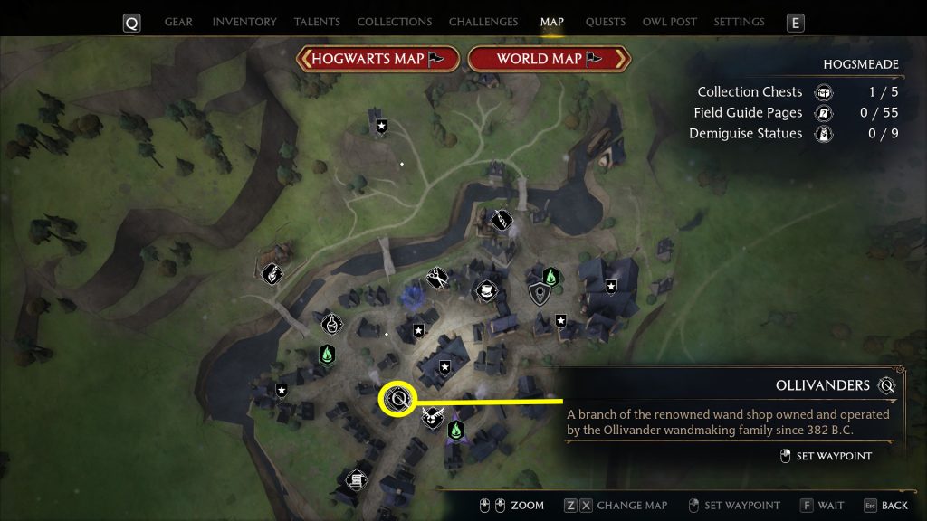 ollivanders location hogwarts legacy vendors map