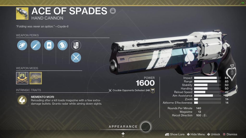 starfield destiny 2 reference ace of spades with perks