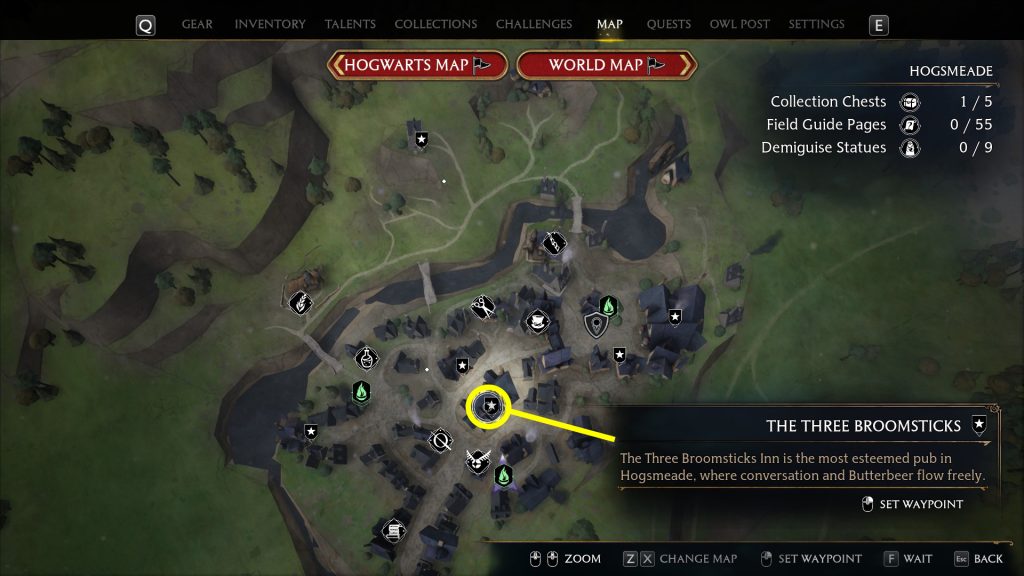 three broomsticks location hogwarts legacy vendors map