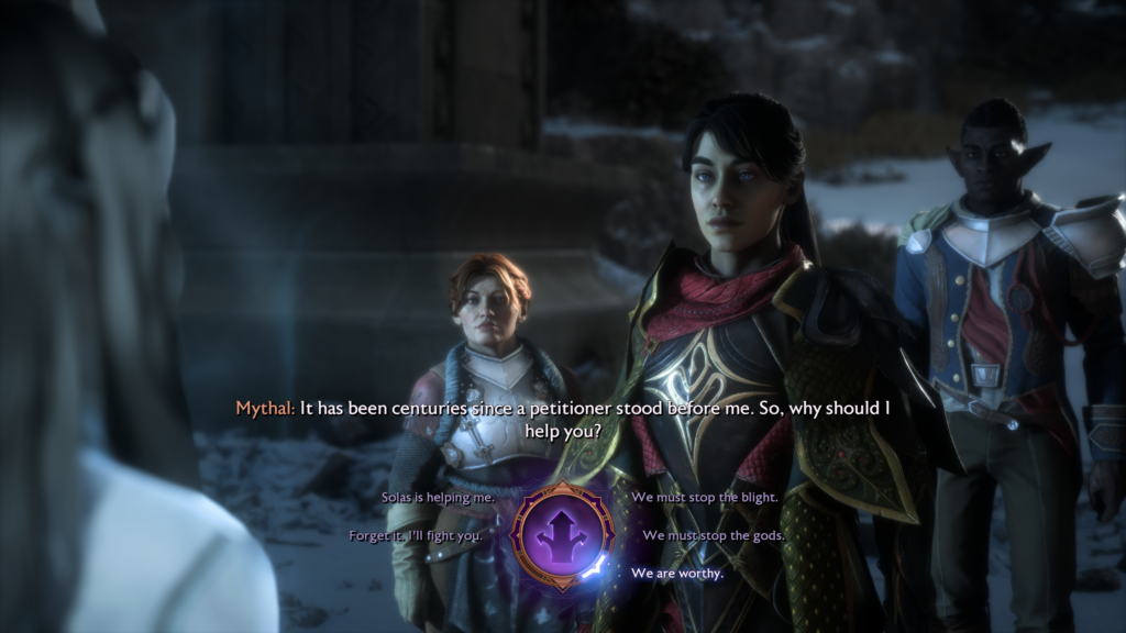 dragon age the veilguard mythal secret dialogue example correct argument