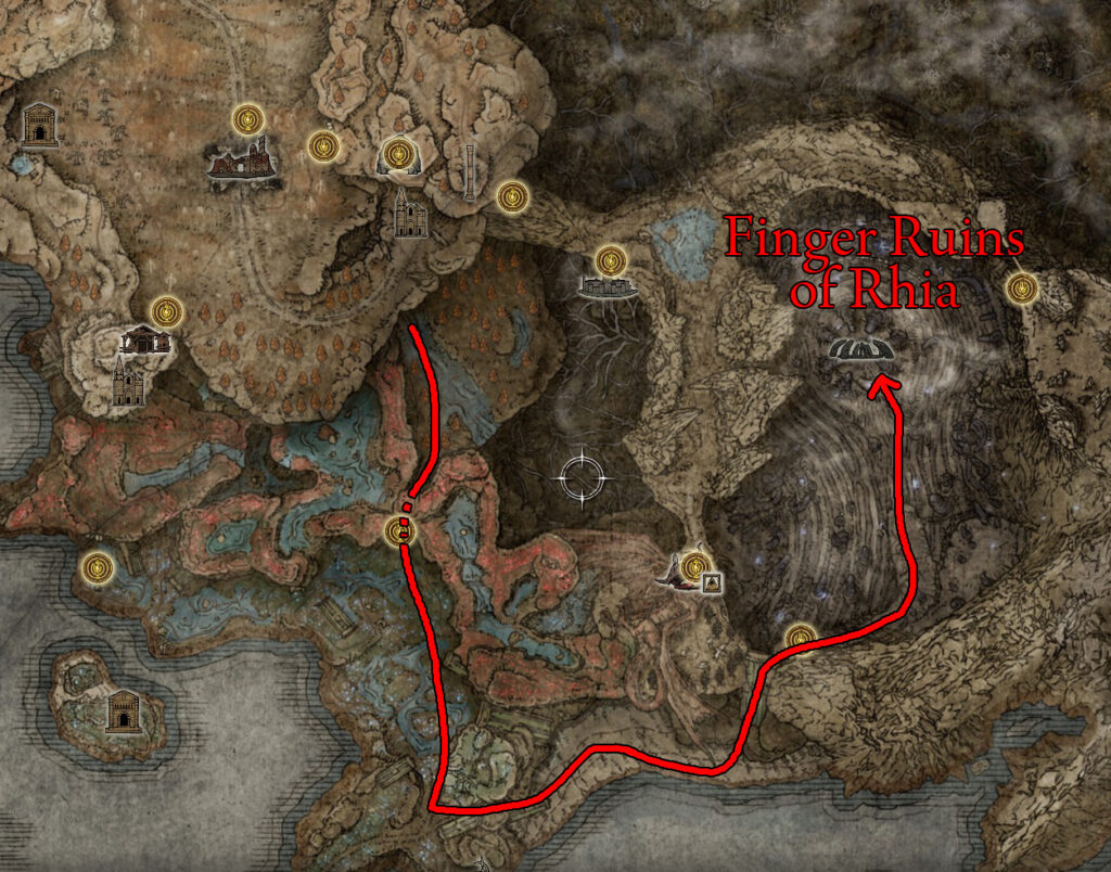 how to get to finger ruins of rhia map elden ring shadow of the erdtree for miyr walkthrough